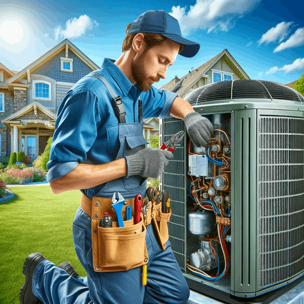An HVAC technician working on an air conditioning unit outside a residential house. The scene includes the technician, a male with a tool belt, wearin.jpg
