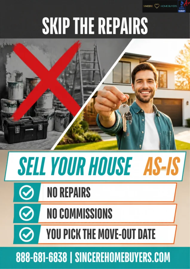 Paint cans and a ladder crossed out beside a smiling person holding keys. Skip the repairs. Sell as-is..png